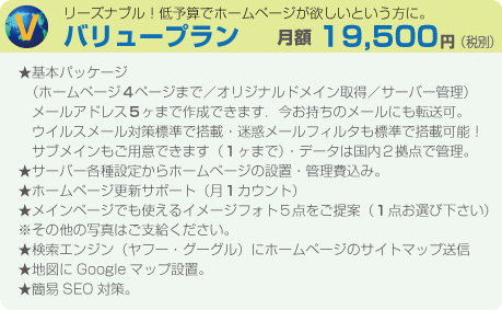 ホームページ製作プラン、バリュー